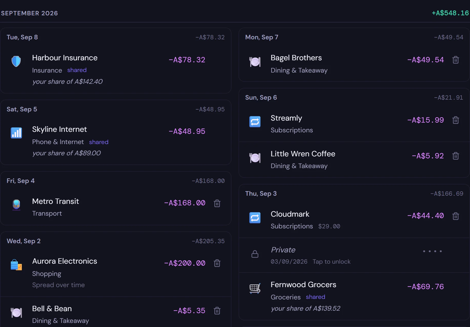 September in the ledger, day by day, with shared costs showing your share.
